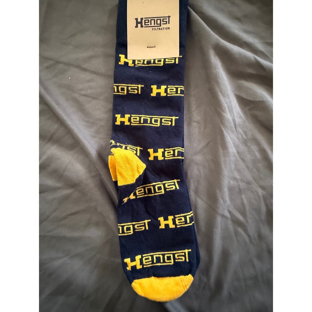 Hengst Filtration Navy Yellow Logo Crew Socks Sock Club Made in USA Cotton Blend